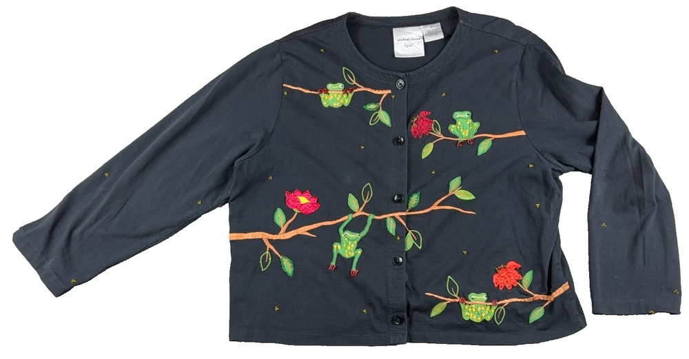 Michael Simon Light Frog Cardigan Womens X Embroidered Beaded Novelty Black